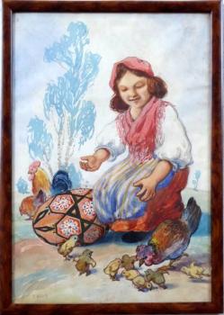 T. Kroj - Mädchen im Kostüm mit kleinen Hühnern T. Kroj - Mädchen im Kostüm mit kleinen Hühnern