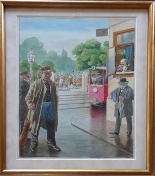 Stadtstraße mit Straßenbahn und Figuren - Monogram Stadtstraße mit Straßenbahn und Figuren - Monogram