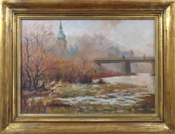 Brücke mit Figuren, austrocknendem Fluss und Kirch Brücke mit Figuren, austrocknendem Fluss und Kirch