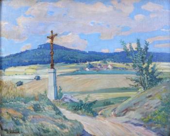 Fr. Castek - Landschaft mit Straße und Kreuz mit Fr. Castek - Landschaft mit Straße und Kreuz mit